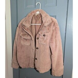 Time&Tru Women's Faux Fur Teddy Jacket Pink Zip Button pockets size XS 0-2